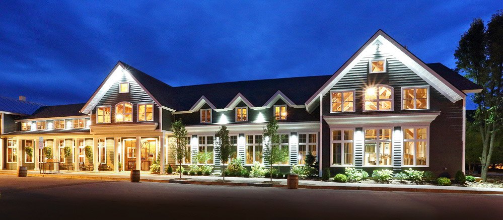 Timber framed brewery in Ellicottville NY as seen at night with dramatic lighting