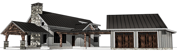 Renderings of a single story timber frame cabin