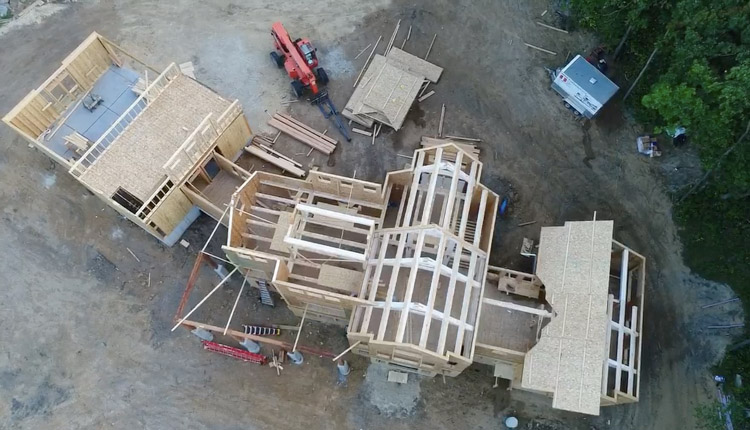 Aerial view of timber frame with light stained pine timbers
