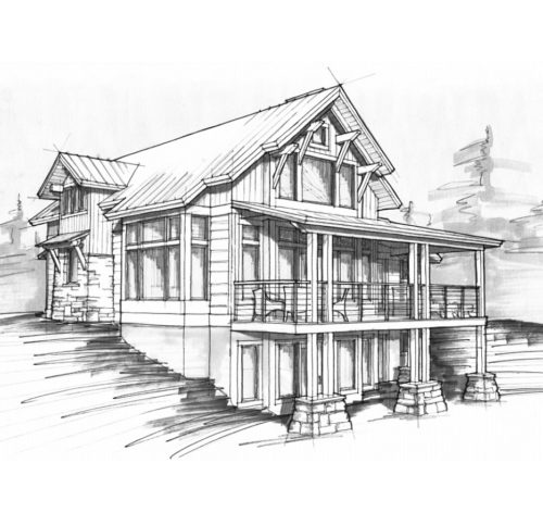Hand drawn sketch of timber home porches with twin posts